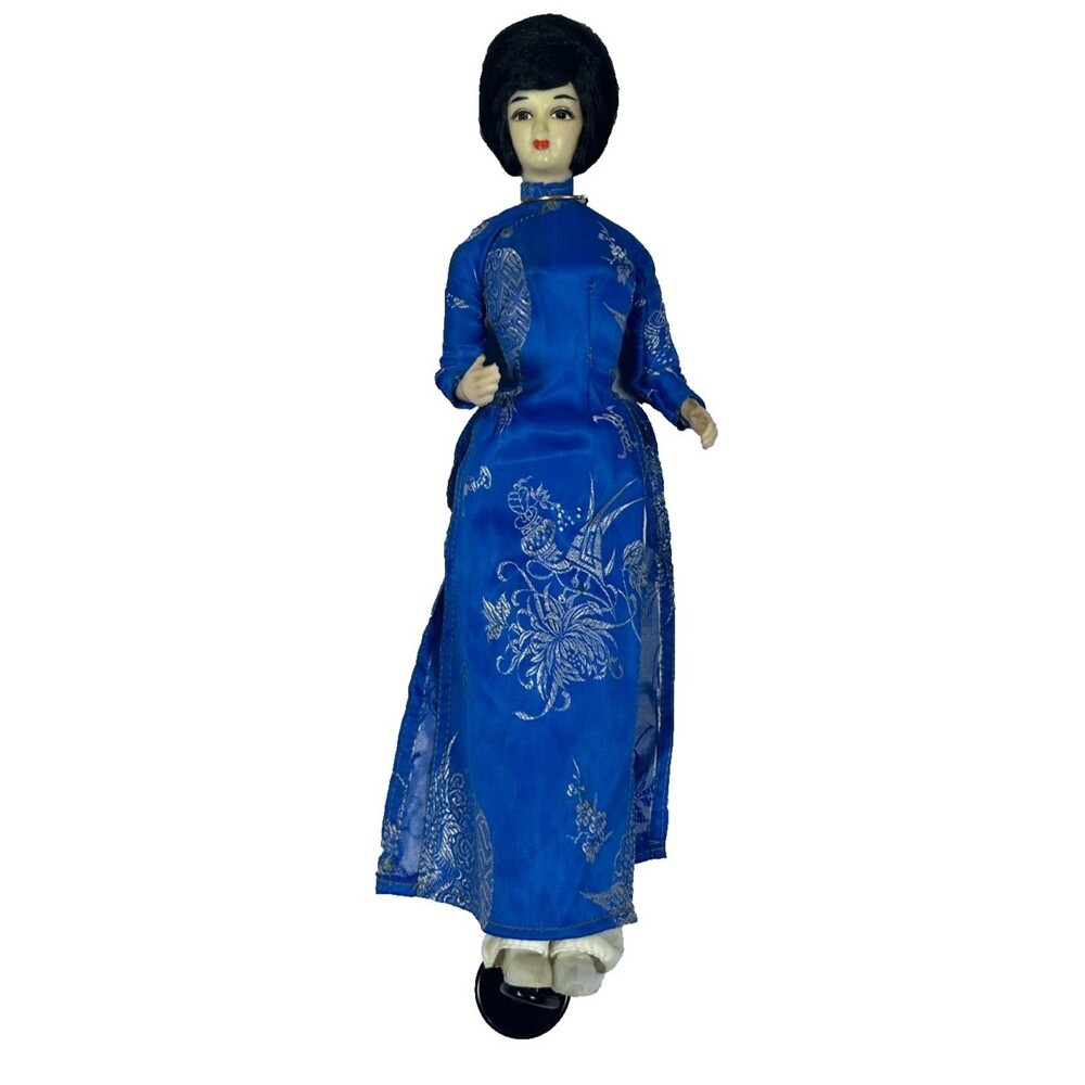 Vintage Vietnamese Asian Doll Blue Silk Dress Ao Dai Figurine 15.5” Woman